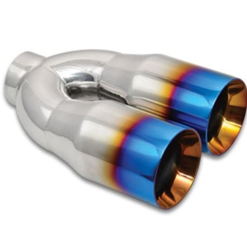 Vibrant 2.5in ID Dual 3.5in OD Round SS Tips (Double Wall, Straight Cut) with Burnt Blue Finish